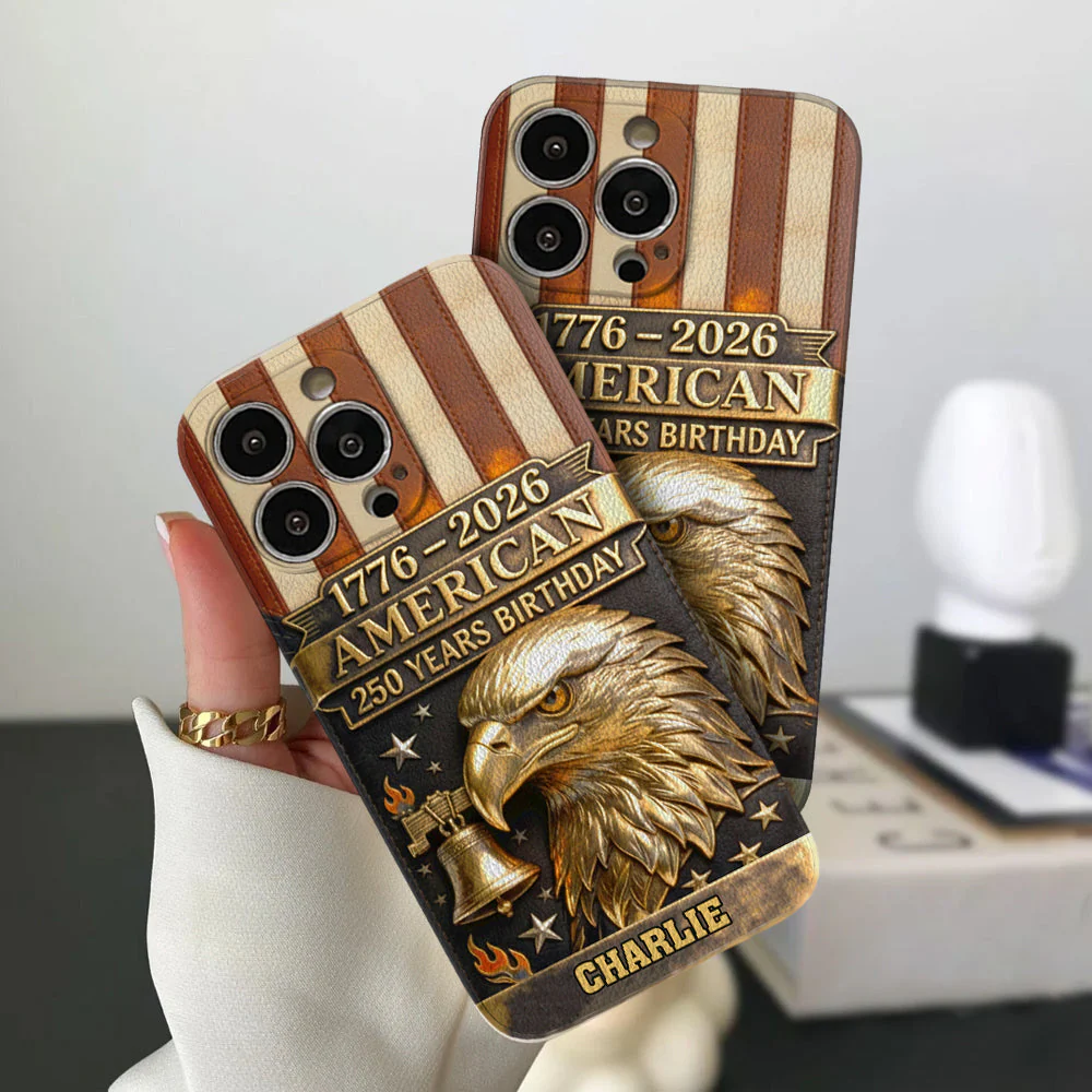 250th Anniversary - Personalized Bald Eagle Leather Phone Case - Image 2