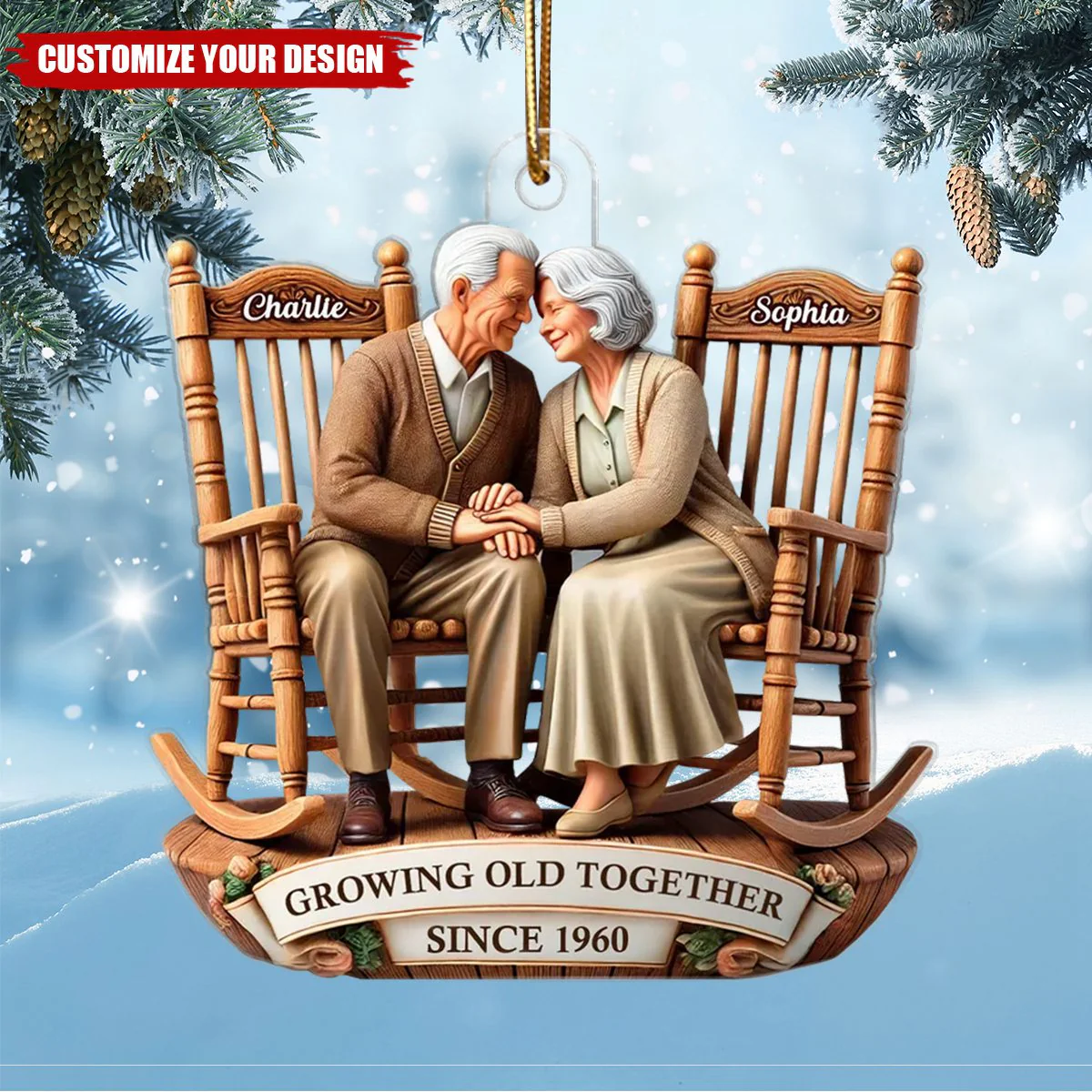 3D Effect Old Couple Sitting On Rocking Chairs Together Personalized Acrylic Ornament - Image 2
