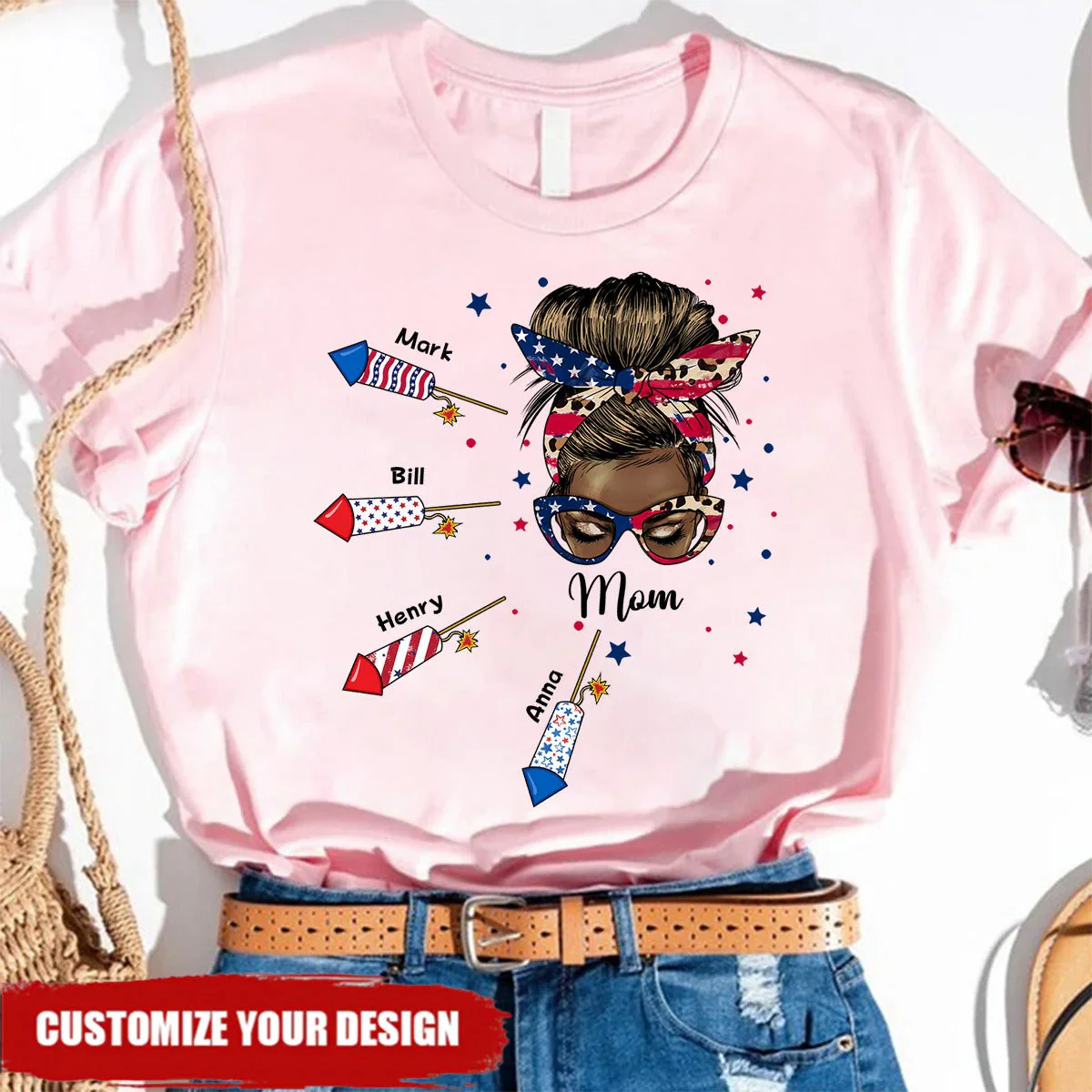 4th of July Messy Bun Grandma Mom Firework Kids Personalized Shirt - Image 3