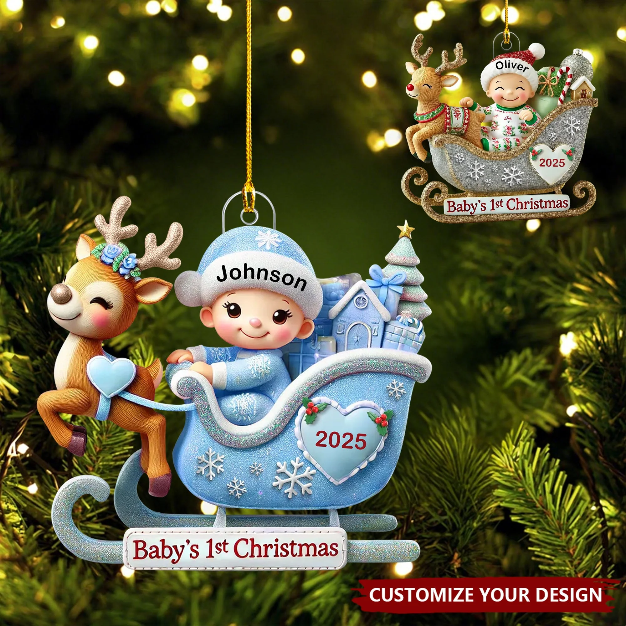 Baby First Christmas Newborn On Sleigh Keepsake Personalized Acrylic Ornament - Image 2
