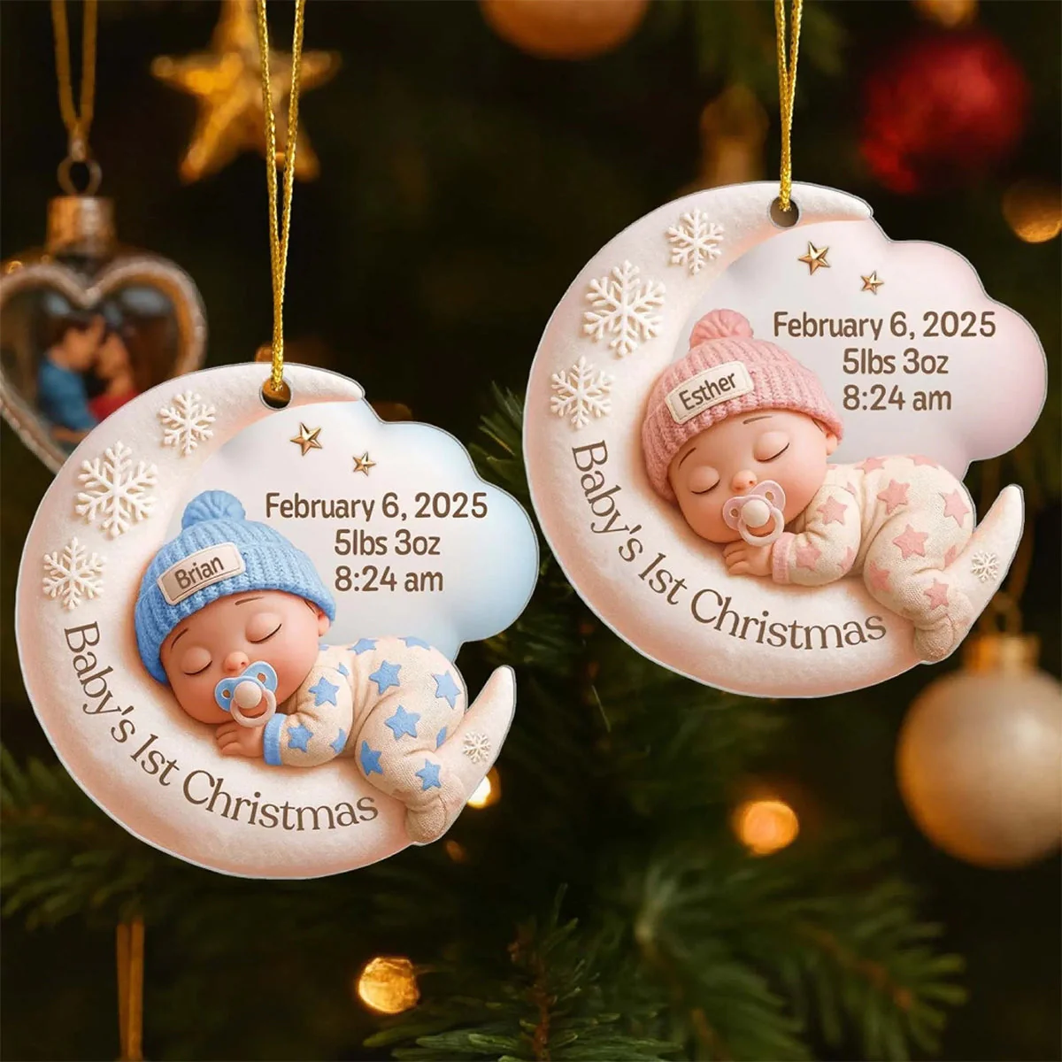 Baby Hugging Moon, First Christmas - Personalized Acrylic Ornament - Image 2
