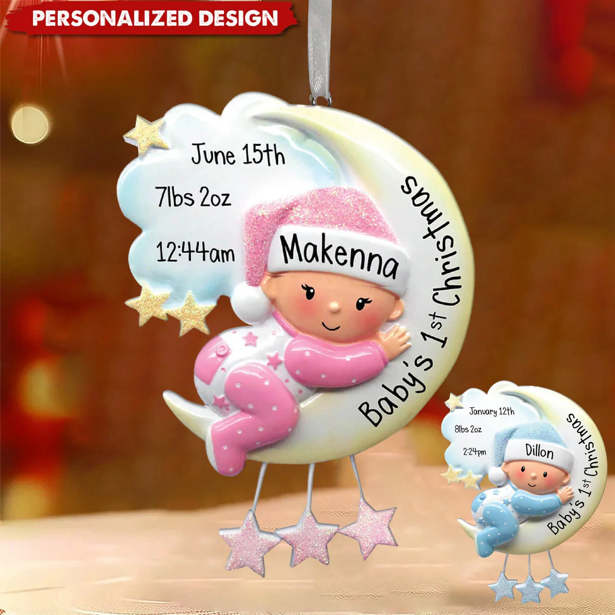 Baby Hugging Moon - Personalized First Christmas Ornament - Image 3