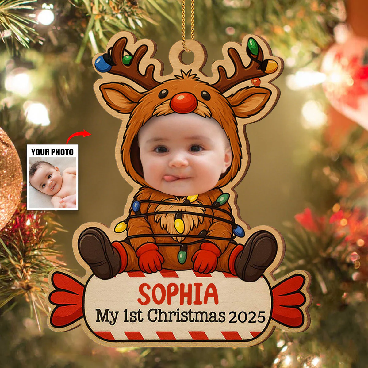 Baby In Reindeer Costume, Personalized Photo Christmas Wood Ornament - Image 2