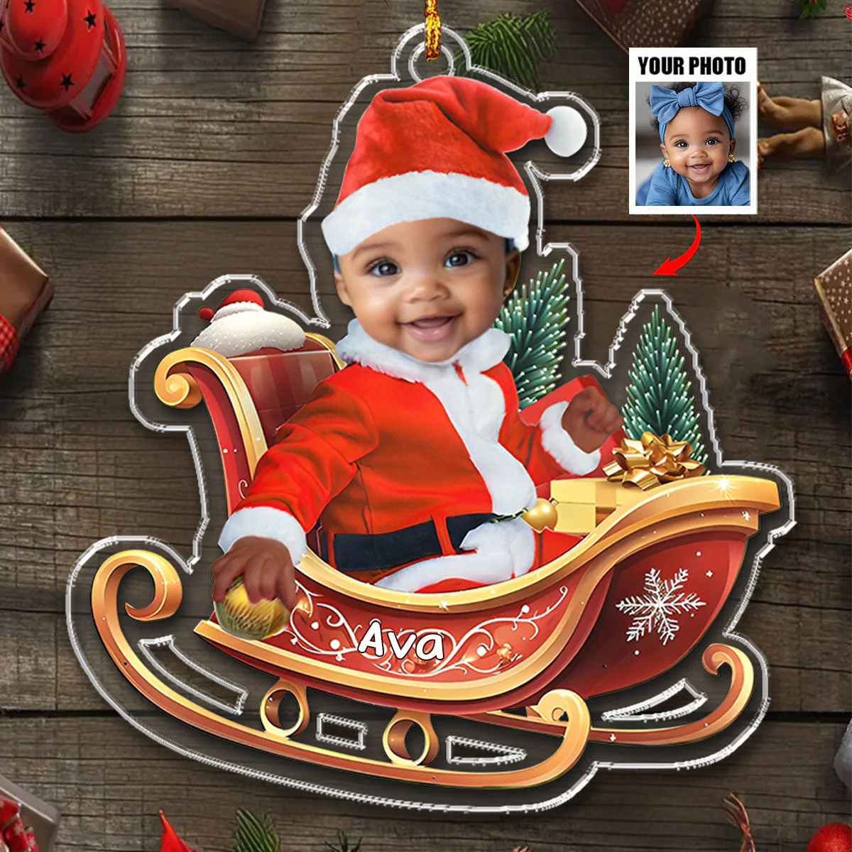 Baby In Sleigh - Custom Photo Acrylic Ornament For Christmas - Image 2