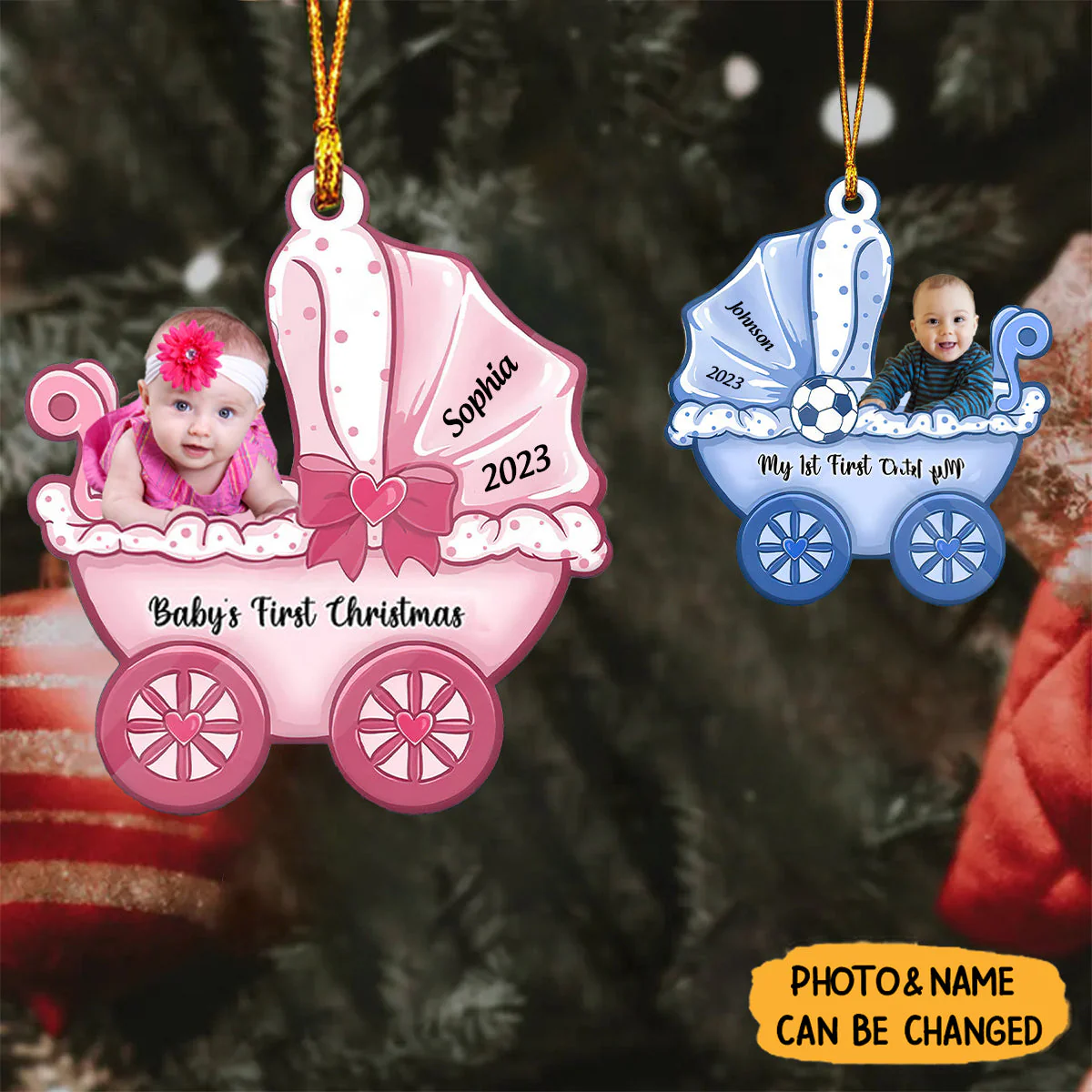 Baby On Carriage Christmas Personalized Custom Photo and Shaped Ornament - Image 2