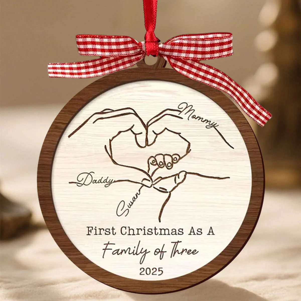 First Christmas As A Family Of Three - Custom Wood Ornament - Image 2