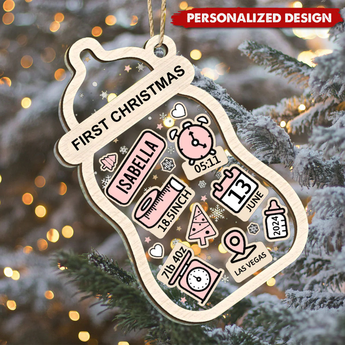 Baby's First Christmas Bottle - Personalized Double Layer Ornament - Image 2