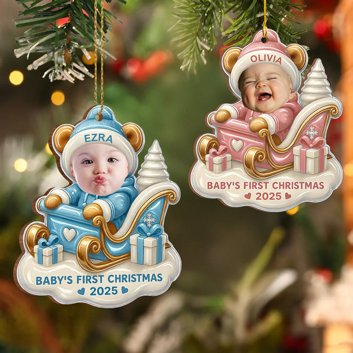 Baby's First Christmas Teddy Bear On Sleigh, Custom Wood Ornament - Image 2