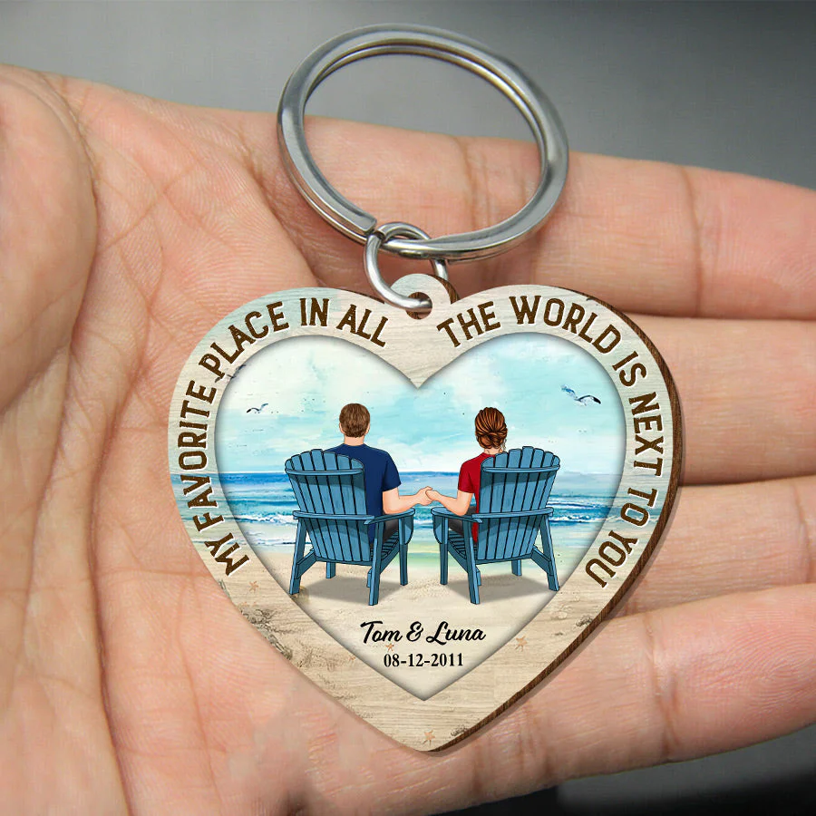 Back View Couple Sitting Beach Landscape Personalized Wooden Keychain - Image 2