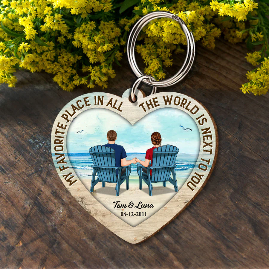 Back View Couple Sitting Beach Landscape Personalized Wooden Keychain - Image 3