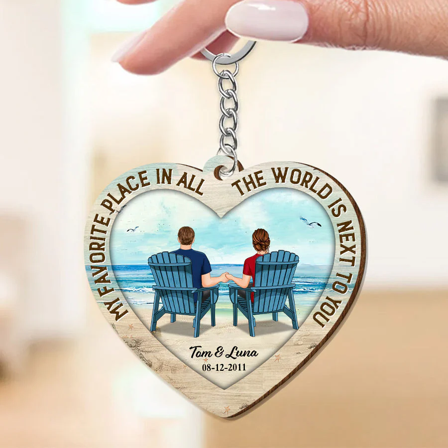 Back View Couple Sitting Beach Landscape Personalized Wooden Keychain - Image 4