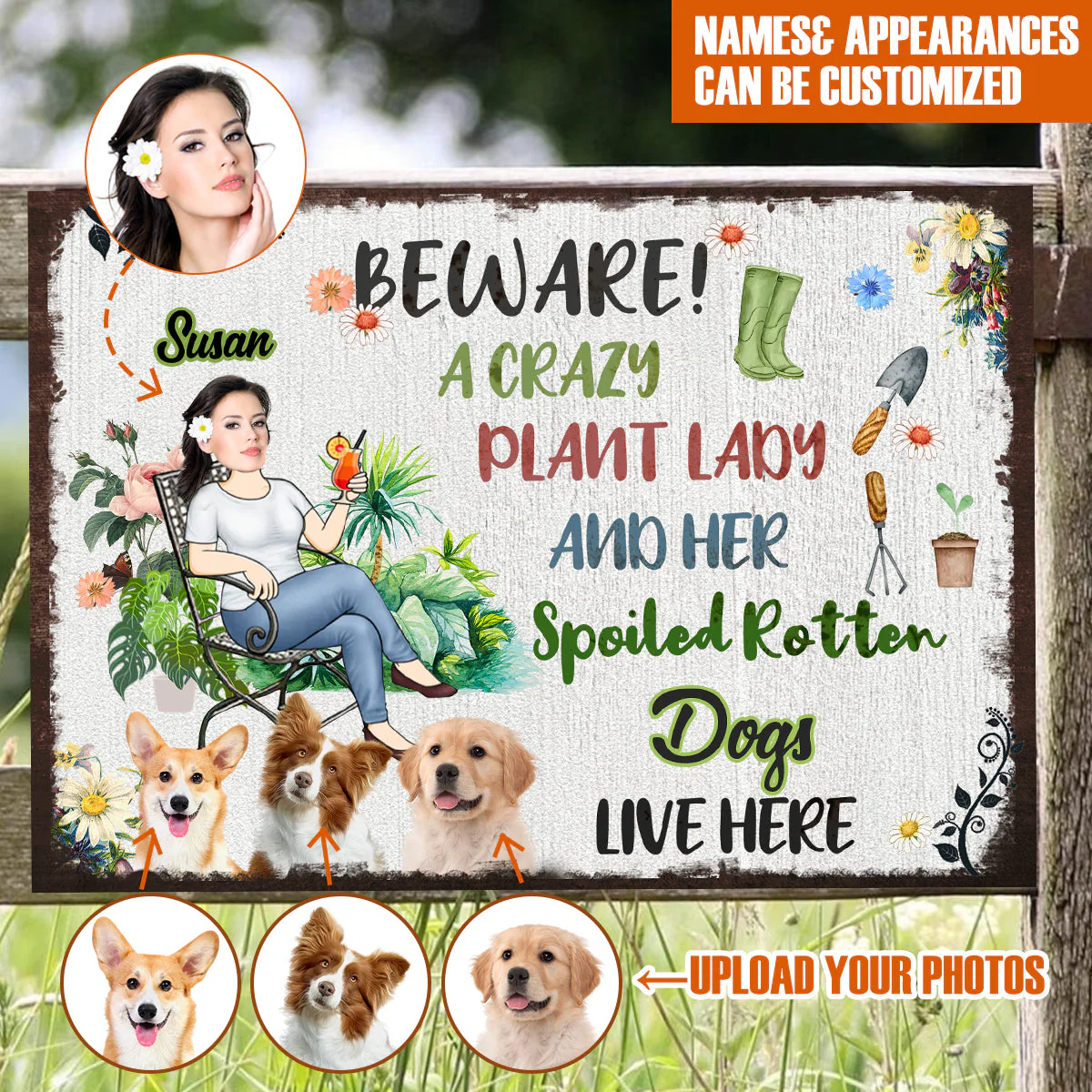 Beware a Crazy Plant Lady And Her Spoiled Dogs In The Garden - Personalized Metal Sign - Image 2