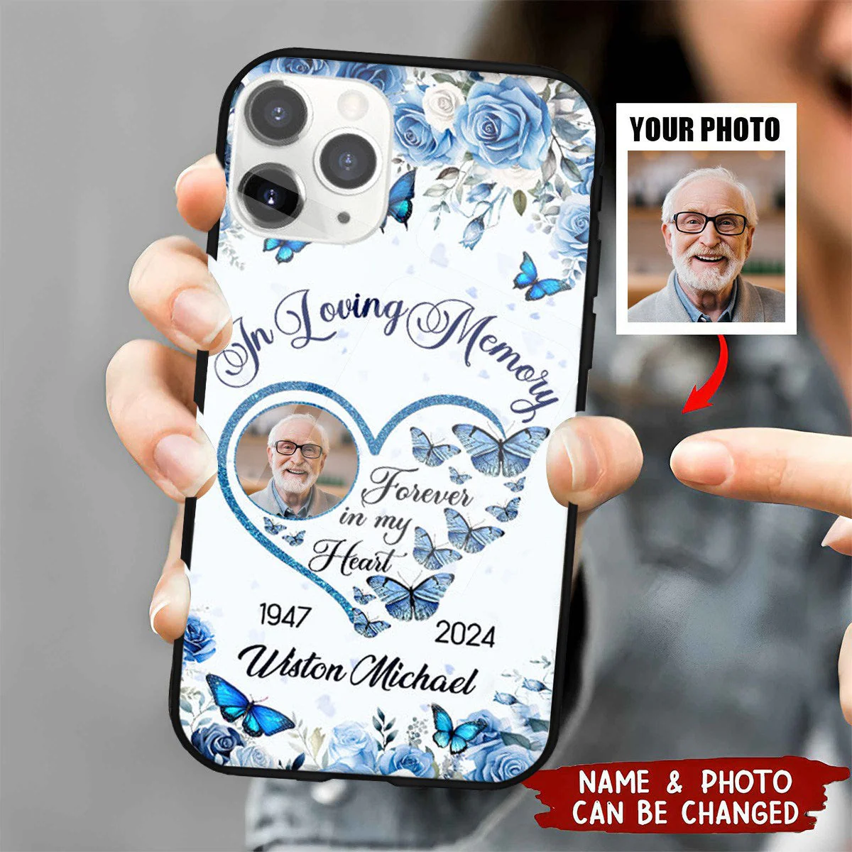 Blue Roses And Butterflies Memorial Personalized Phone Case - Image 2