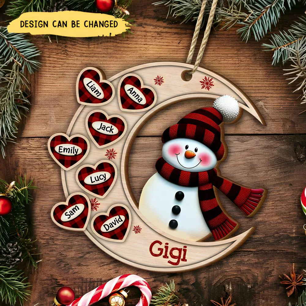 Christmas Happy Snowman Nana Mom Heart Kids On Moon Personalized Ornament - Image 2