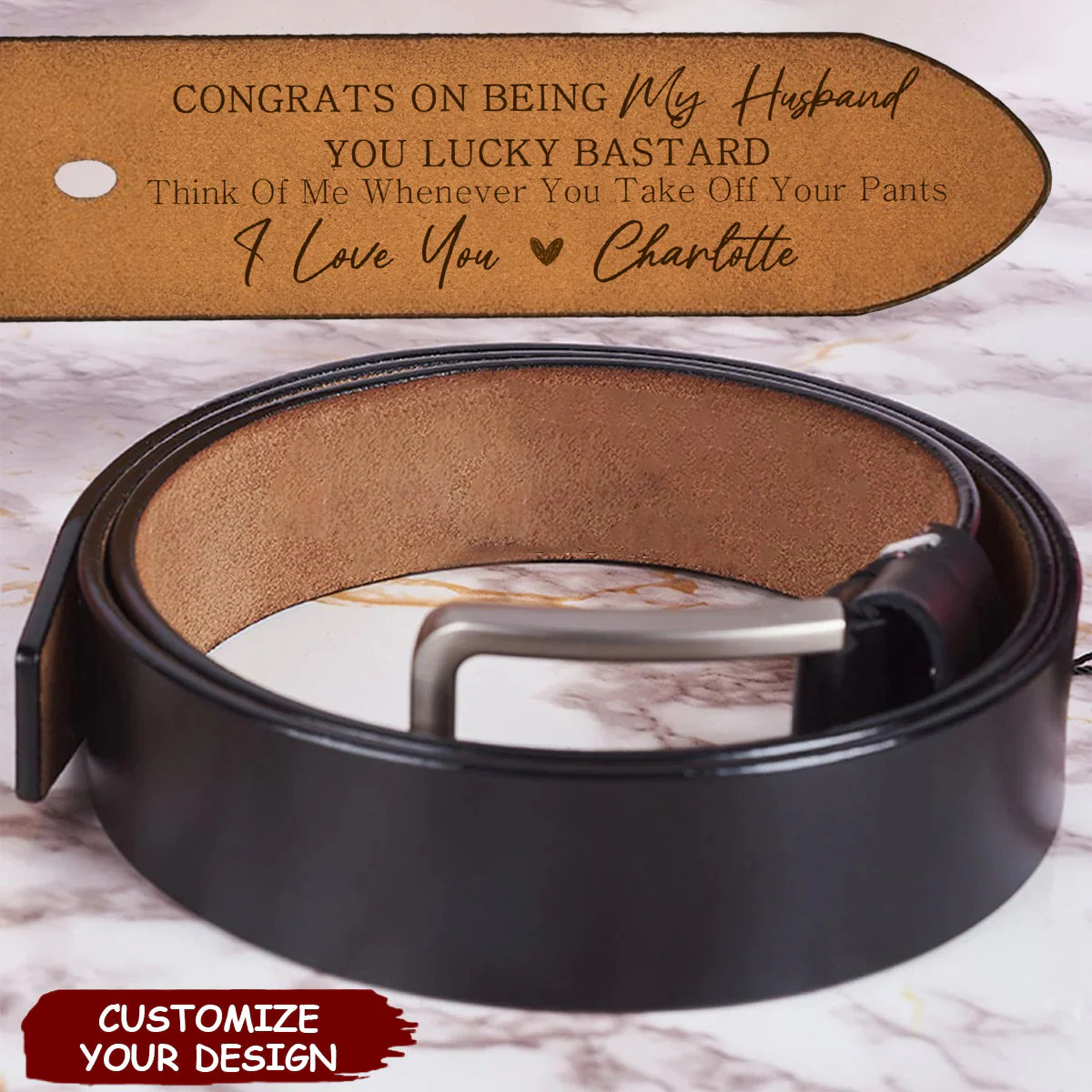 Congrats On Being My Husband - Personalized Engraved Leather Belt - Image 3