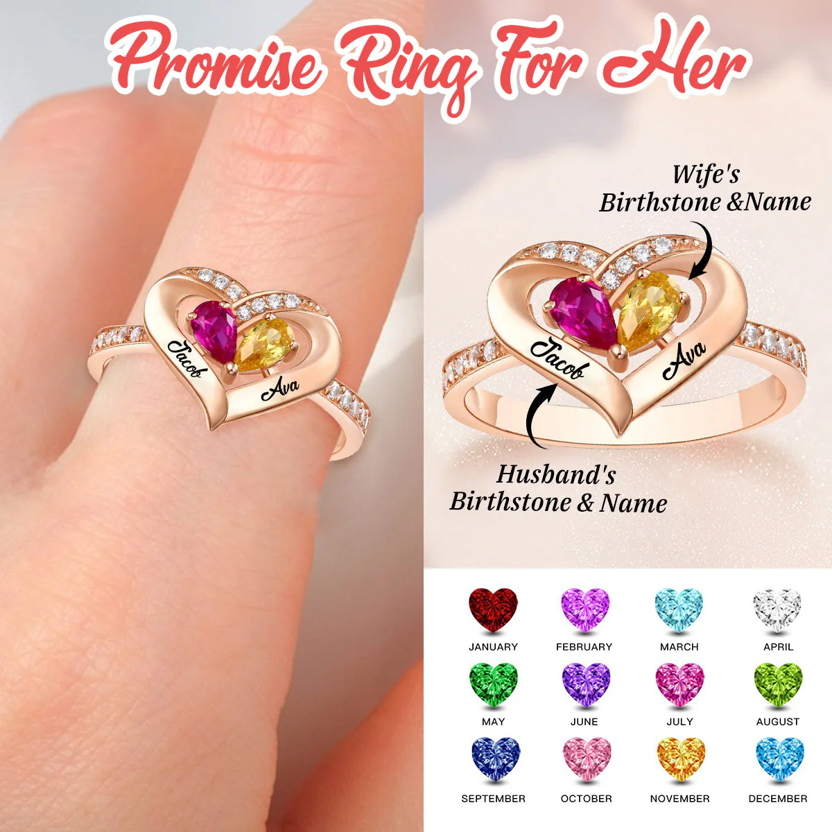 Couple's Love Promise Ring-Personalized Ring with Birthstones & Names - Image 2