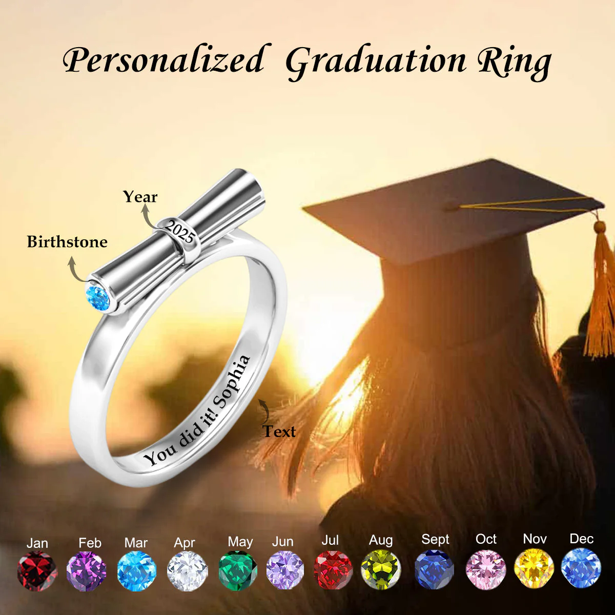 Custom Engraved Diploma Scroll Birthstone Graduation Ring - Image 2