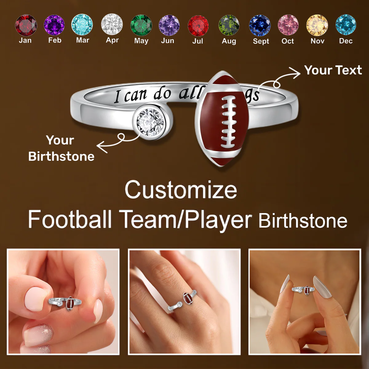 Custom Football Ring With Birthstone-I Can Do All Things - Image 3