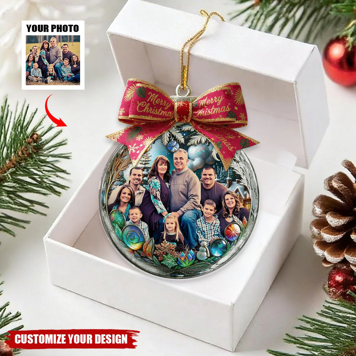 Custom Photo Family In Christmas Bow Ball - Personalized Photo Ornament - Image 2