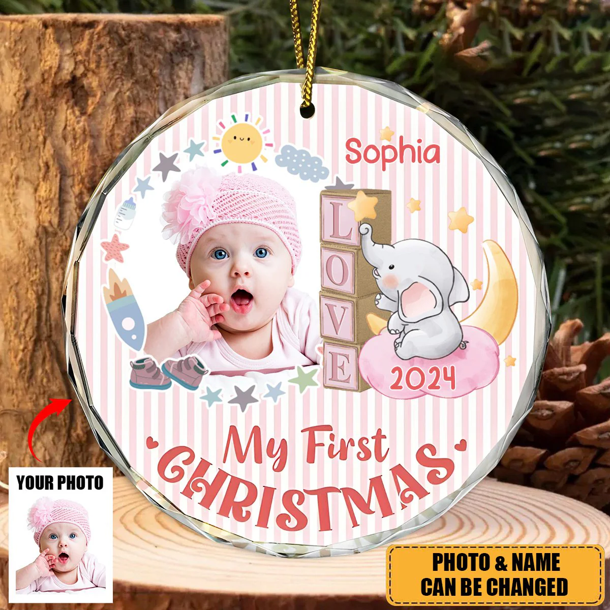 Custom Photo First Christmas Elephant Star - Personalized Circle Acrylic Ornament - Image 2