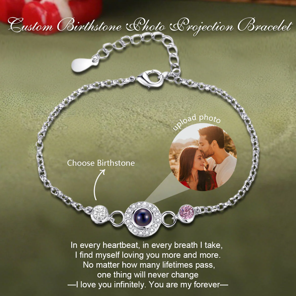 Custom Photo Projection Bracelet with Birthstone
