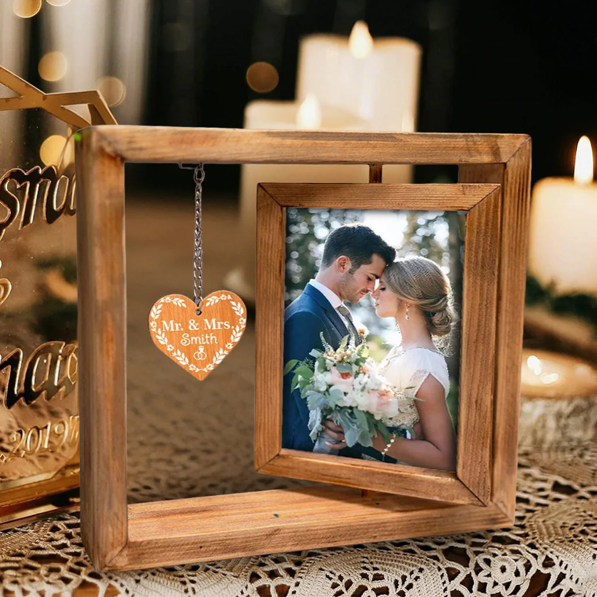 Custom Rotating Wooden Frame For Couples With Photo & Wedding Date - Image 2