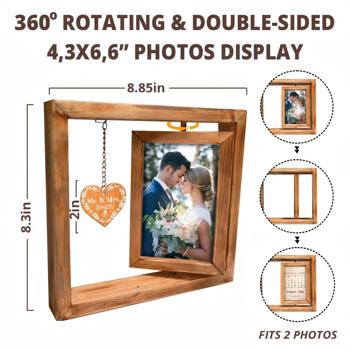 Custom Rotating Wooden Frame For Couples With Photo & Wedding Date - Image 3