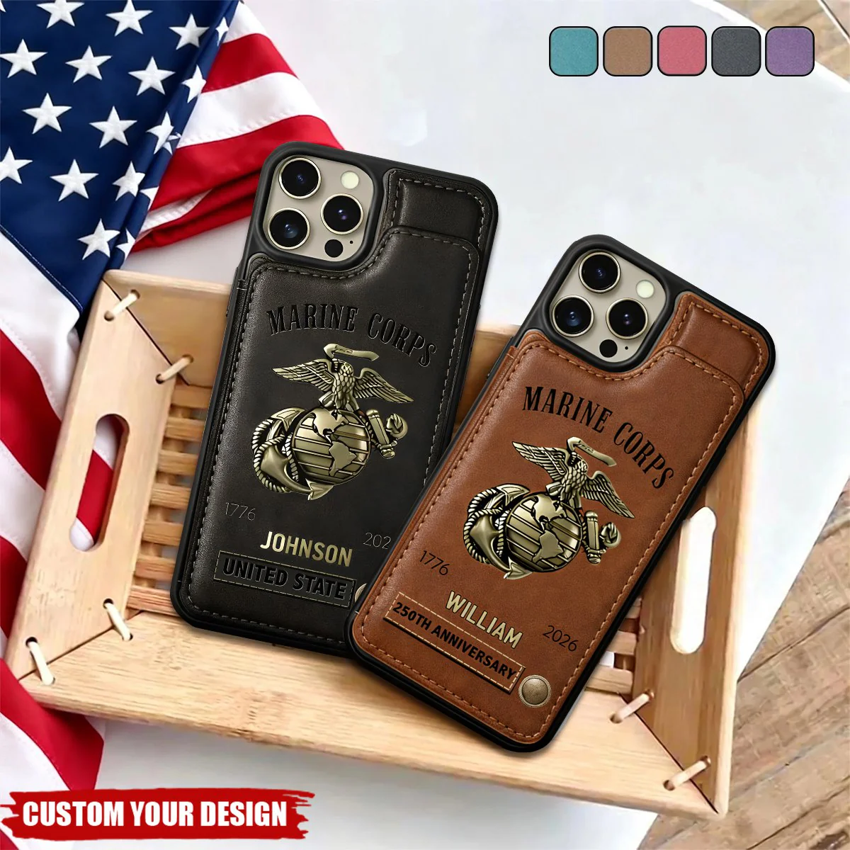 Custom US Marine Corps Leather Wallet Phone Case, 250th Anniversary Gift - Image 2