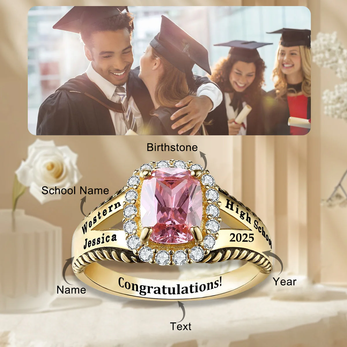 Customized High School College University Birthstone Class Ring - Image 2