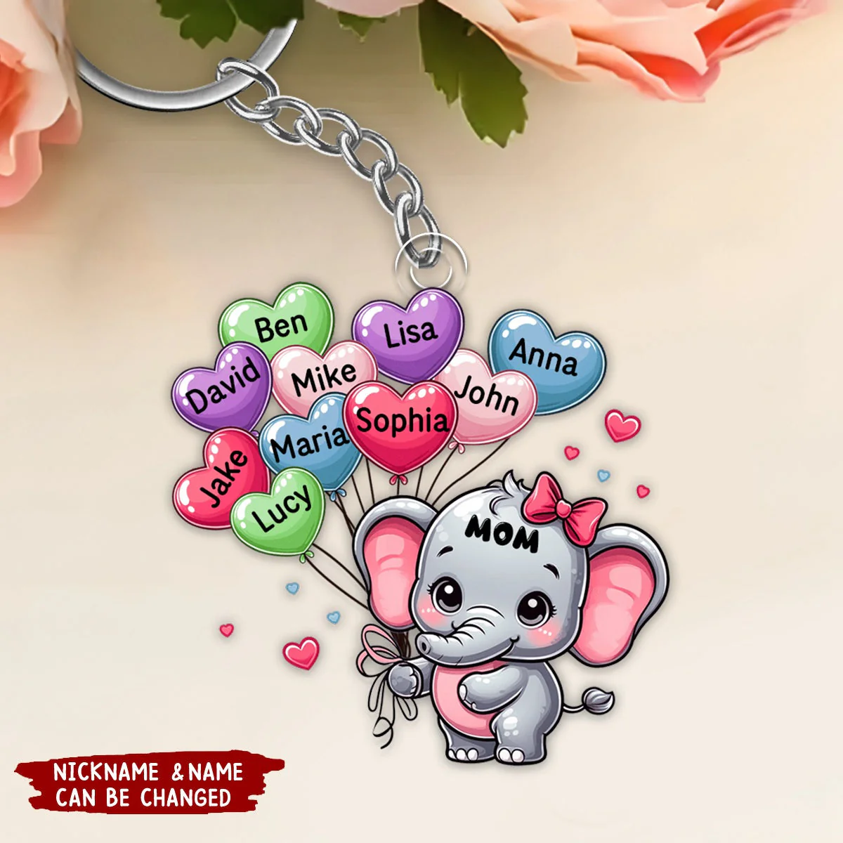 Cute Elephant Grandma With Sweetheart Balloon Grandkids Personalized Keychain - Image 3