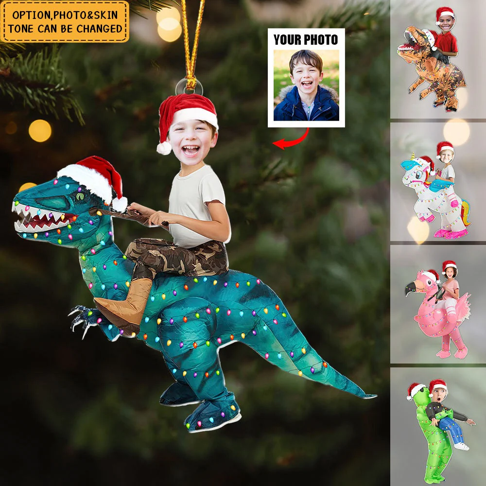 Cute Kid Xmas Dinosaur Flamingo Alien - Personalized Acrylic Photo Ornament - Image 2