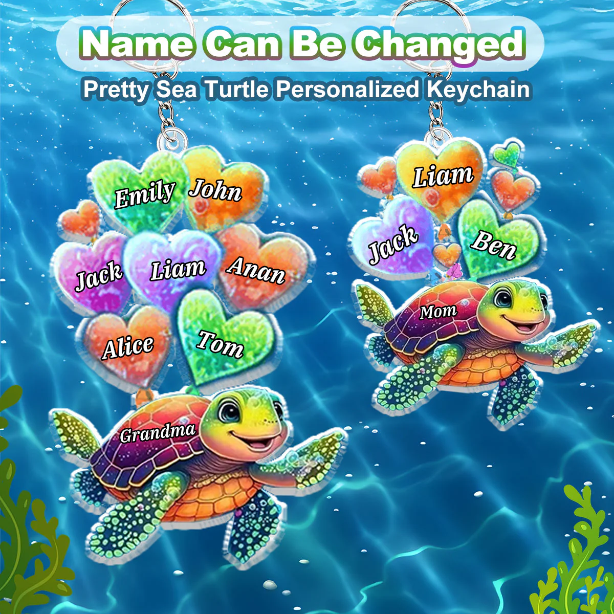 Sea Turtle Grandma Mom With Sweet Heart Kids Personalized Keychain - Image 2