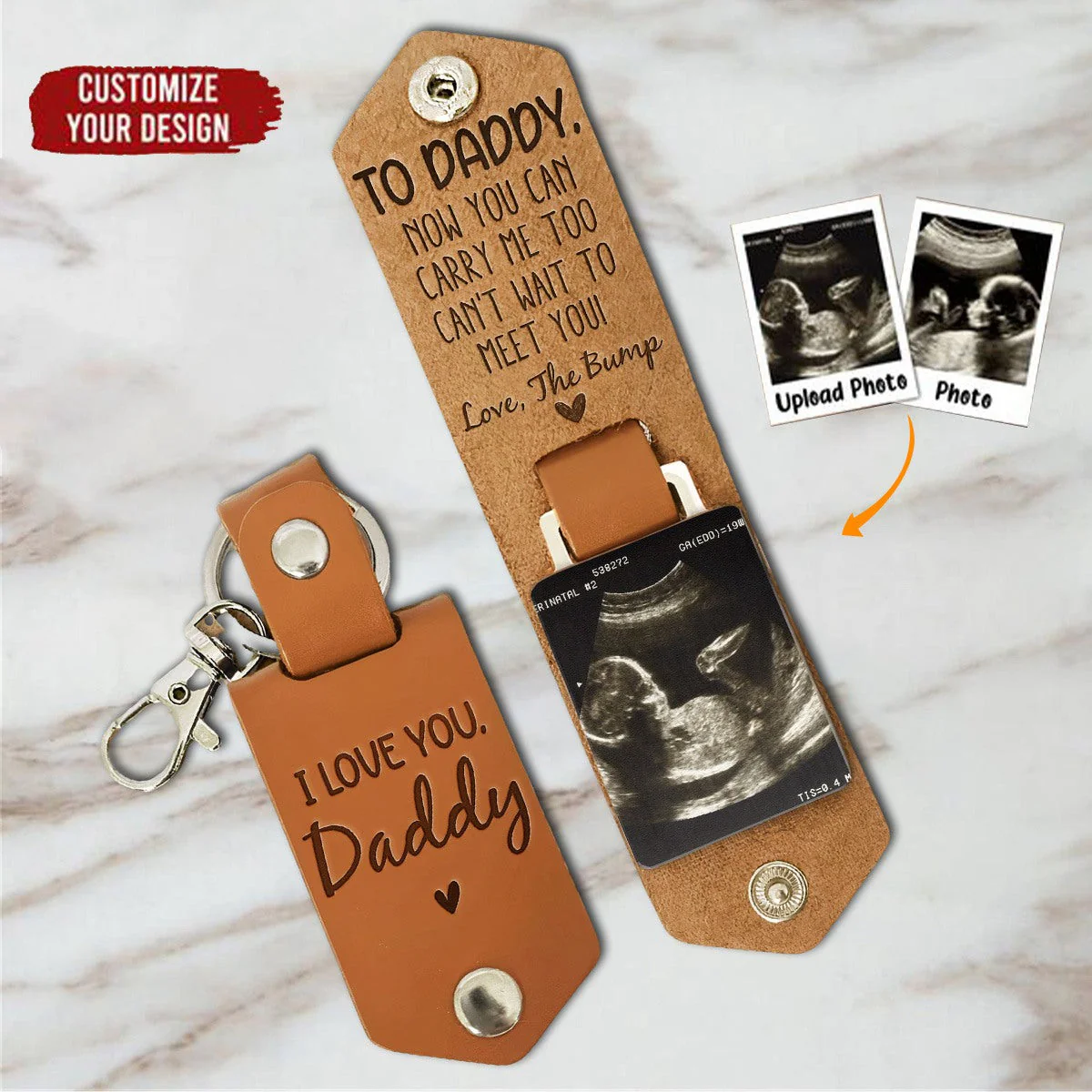 Daddy Can't Wait To Meet You From The Bump - Personalized Leather Photo Keychain - Image 2