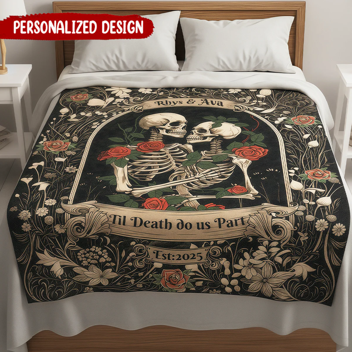 Dark Romantic Skeleton - Personalized Wedding Blanket For Him, Her - Image 2
