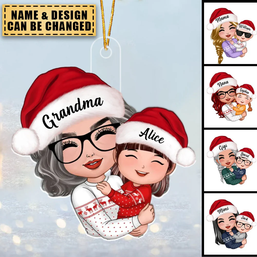 Doll Grandma Mom Hugging Kid - Personalized Christmas Acrylic Ornament - Image 2