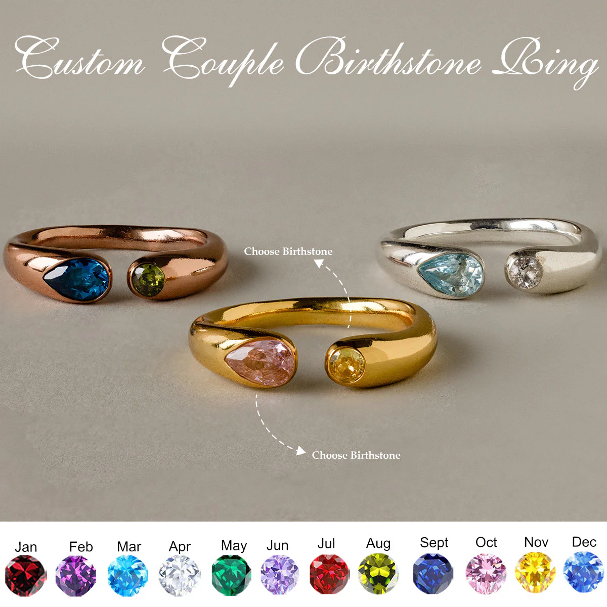 Round & Pear Cut Birthstone Couples Ring - Image 2