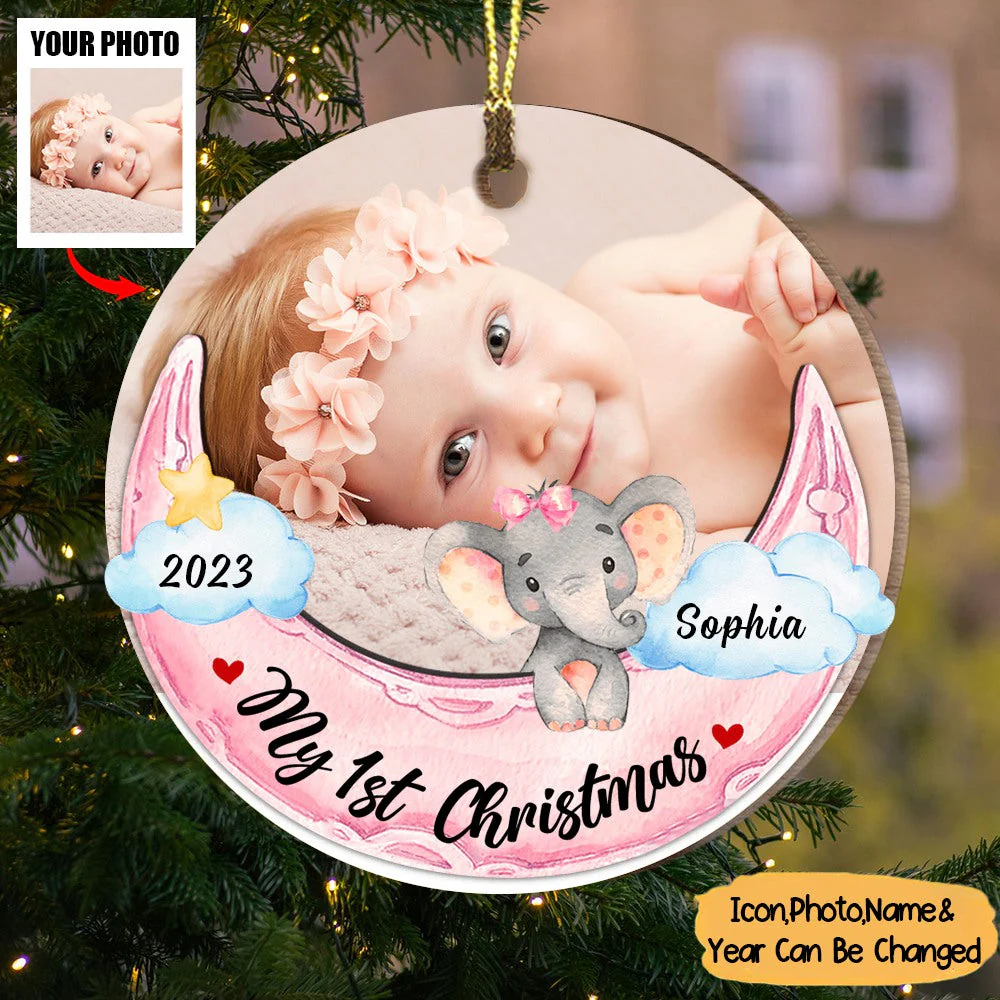Elephant Baby And Moon First Christmas Personalized Circle Ornament - Image 2