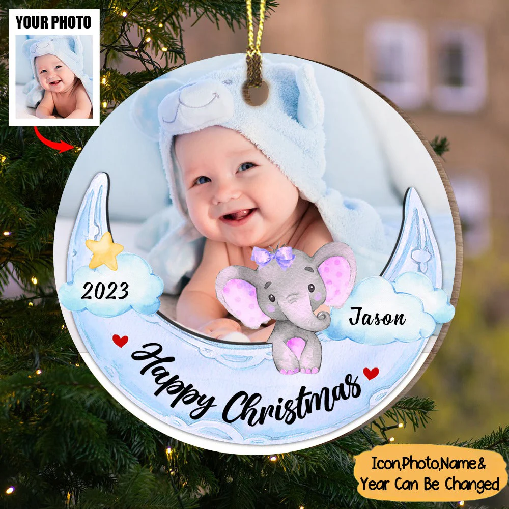 Elephant Baby And Moon First Christmas Personalized Circle Ornament - Image 3