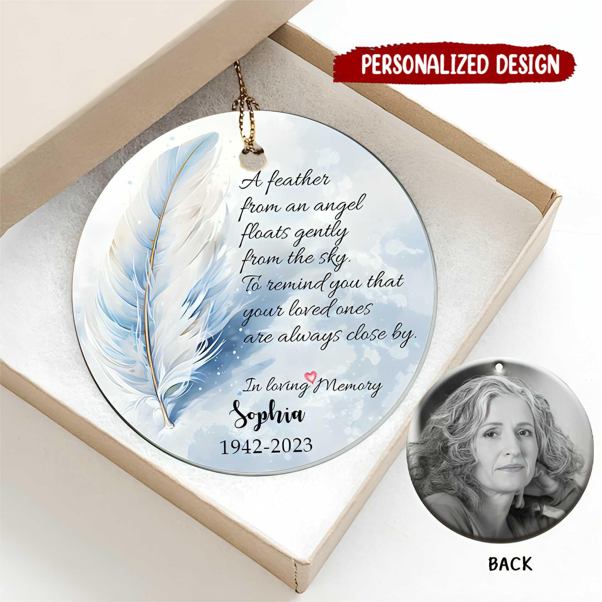 Feather Memorial Ceramic Ornament -Personalized Remembrance Gift - Image 2