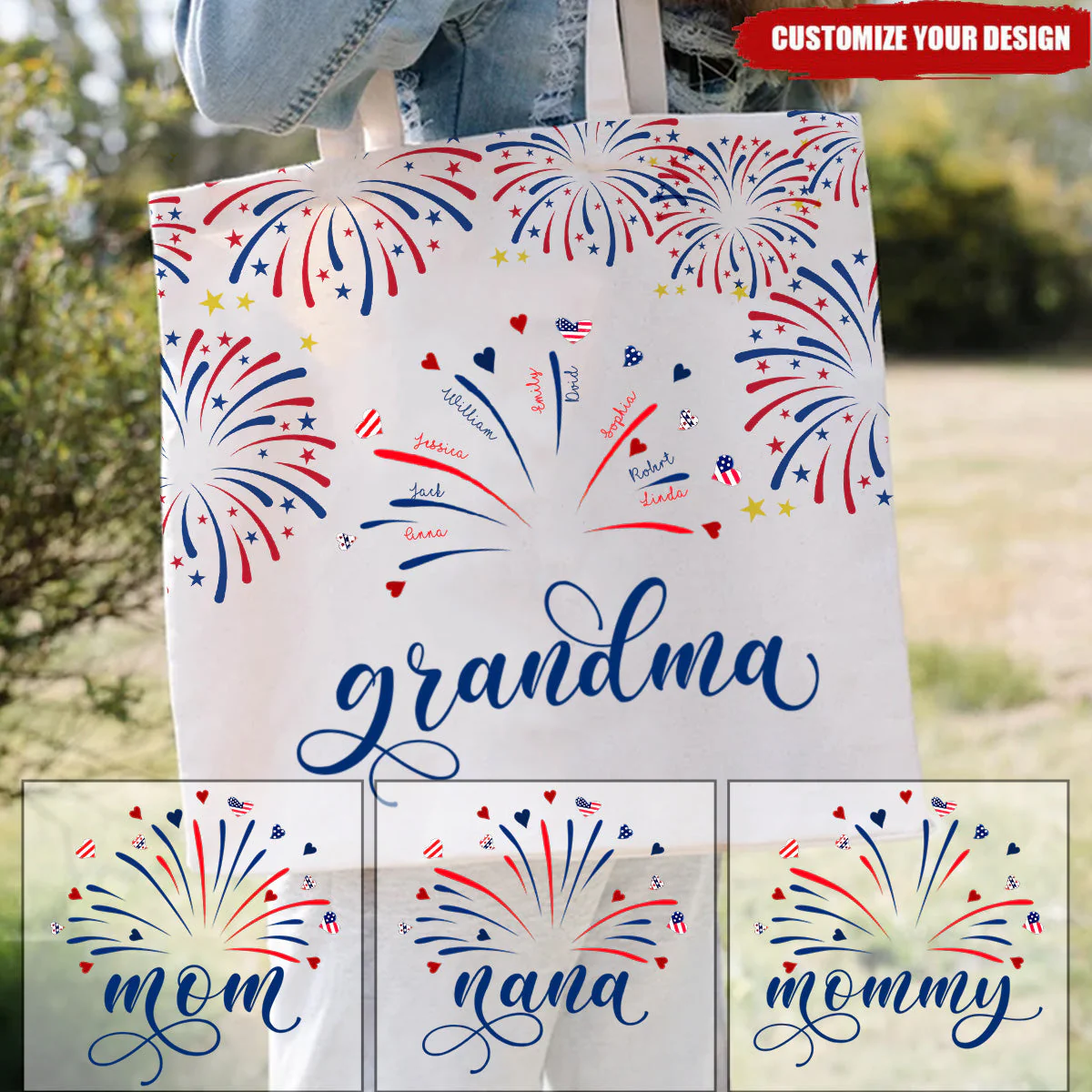 Firework America Flag Grandma And Kids Personalized Bag - Image 2