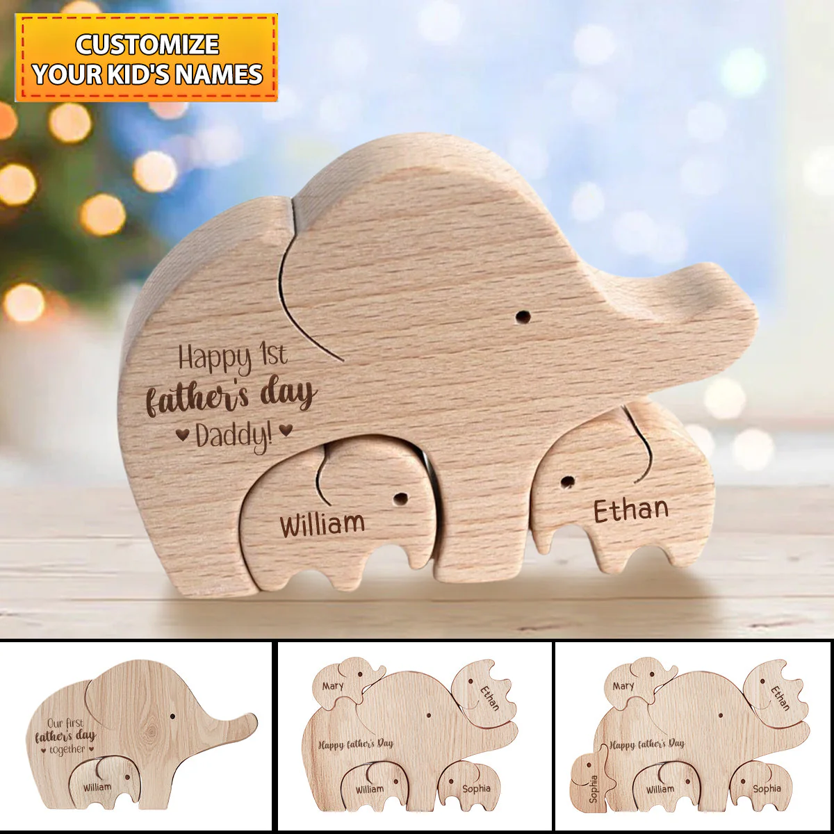 First Father's Day Gift - Personalized Wooden Elephant Dad And Baby Puzzle - Image 2