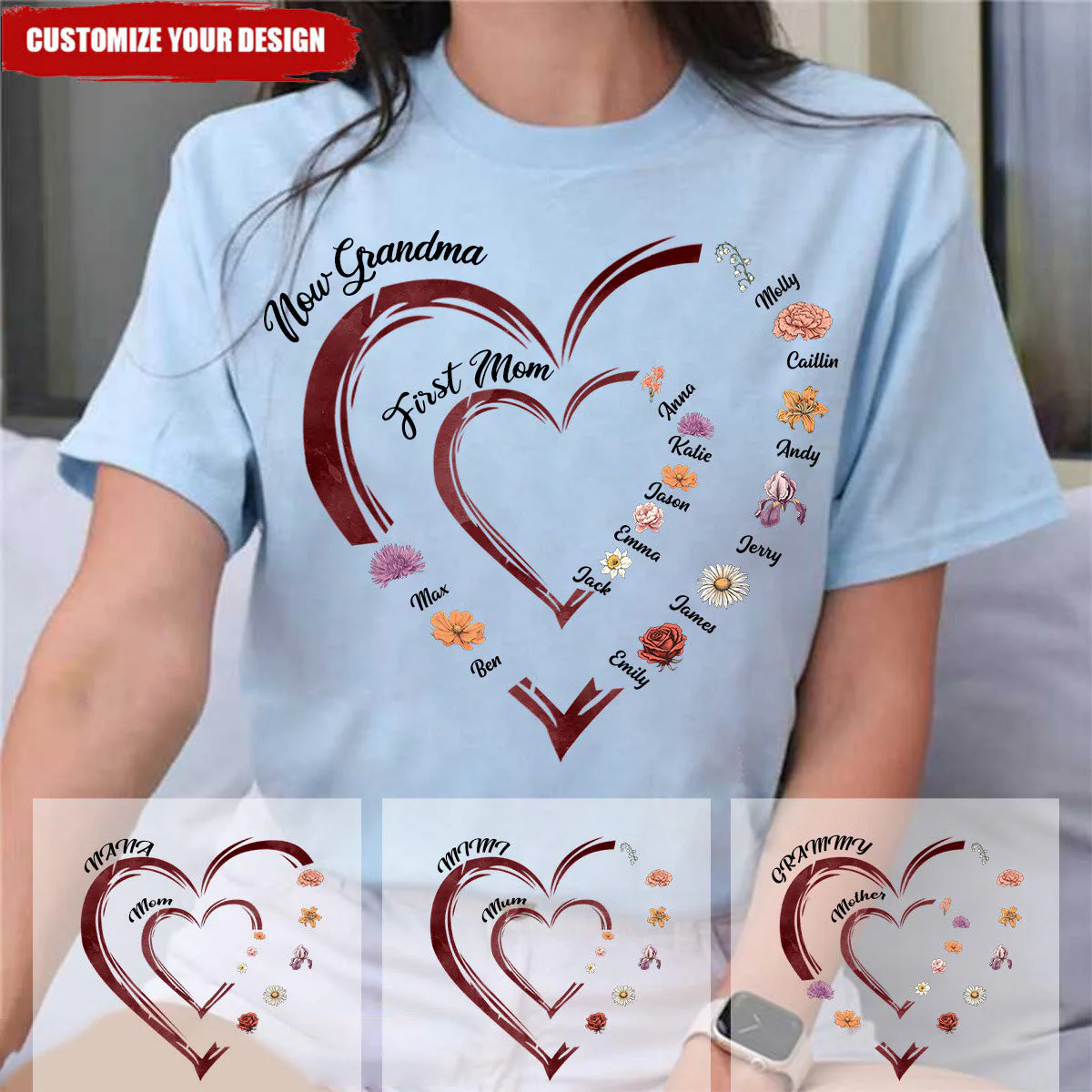 First Mom Now Grandma Heart Floral Personalized T-Shirt - Image 2