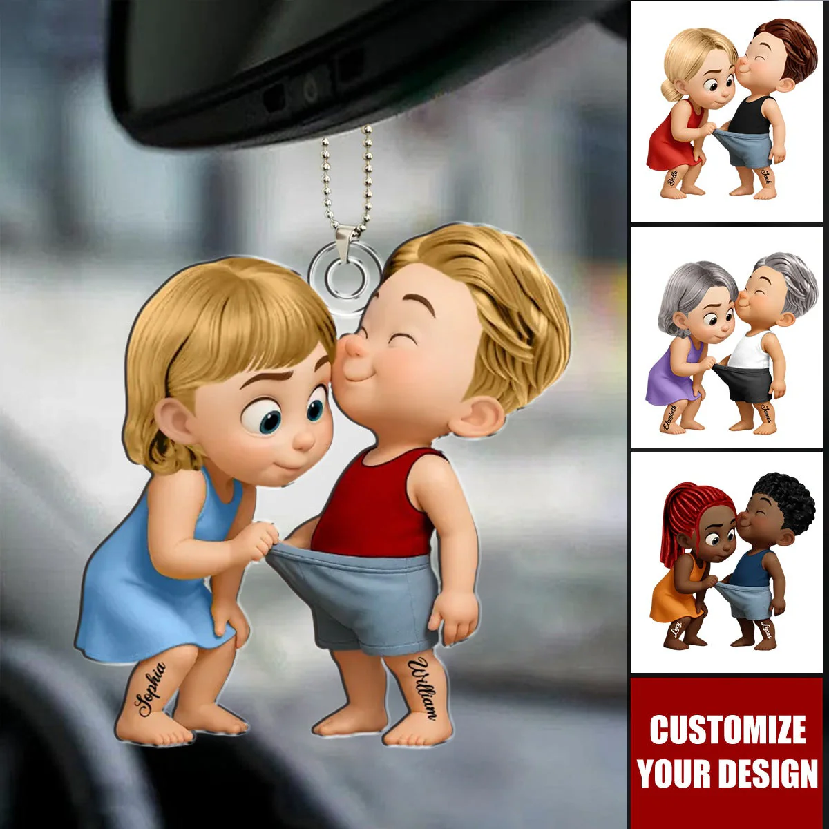 Funny Cartoon Couple Personalized Acrylic Car Hanger Ornament, Anniversary Gift - Image 2