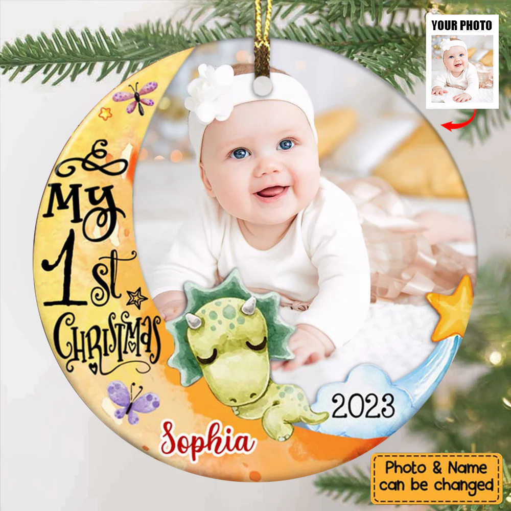 Gift For Baby First Christmas Dinosaur Nursery Photo Circle Personalized Ornament - Image 3
