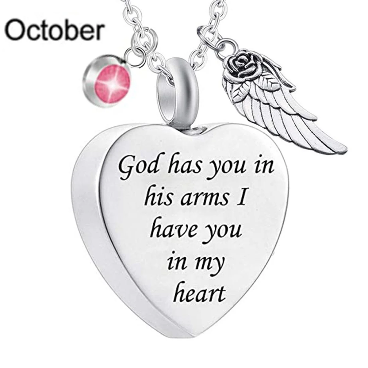 Memorial Urn Necklace with Birthstone-"God has You in his arms with Angel Wing" - Image 11