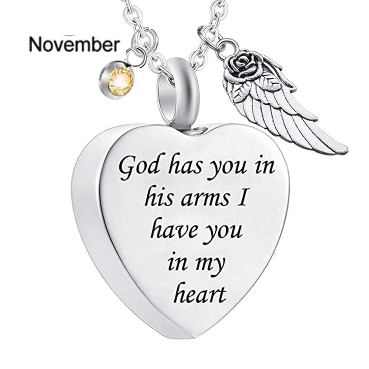 Memorial Urn Necklace with Birthstone-"God has You in his arms with Angel Wing" - Image 12