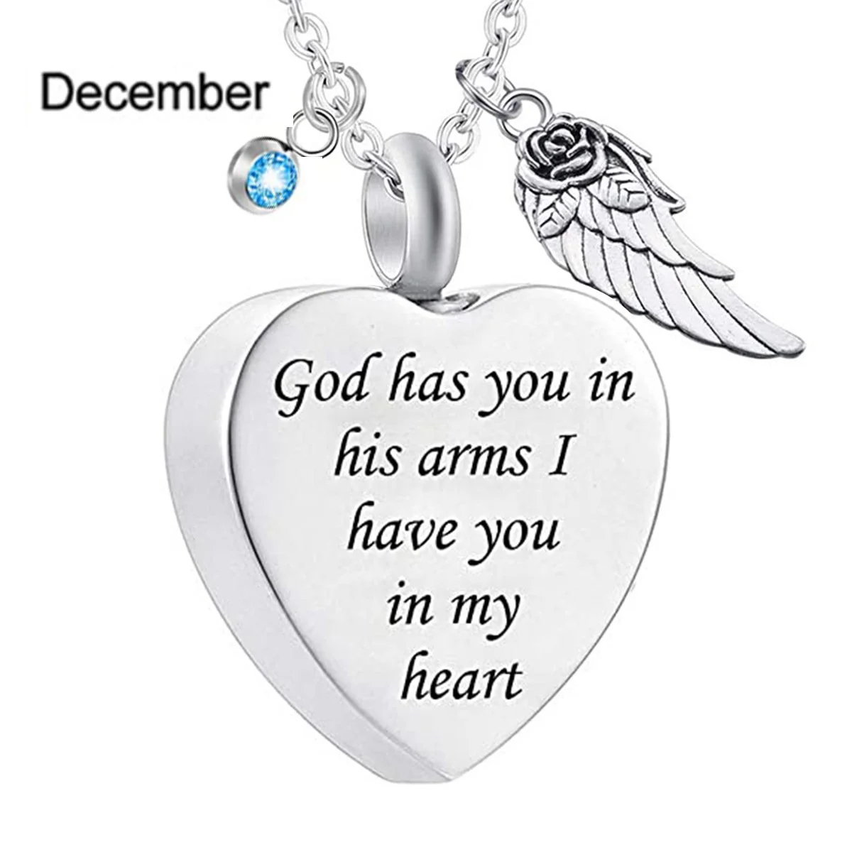 Memorial Urn Necklace with Birthstone-"God has You in his arms with Angel Wing" - Image 13