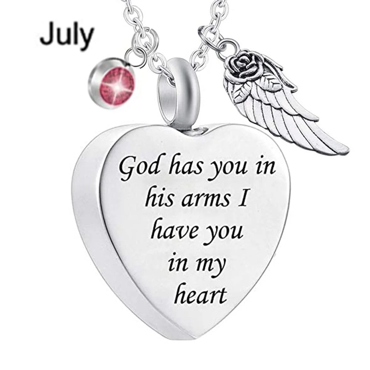 Memorial Urn Necklace with Birthstone-"God has You in his arms with Angel Wing" - Image 8