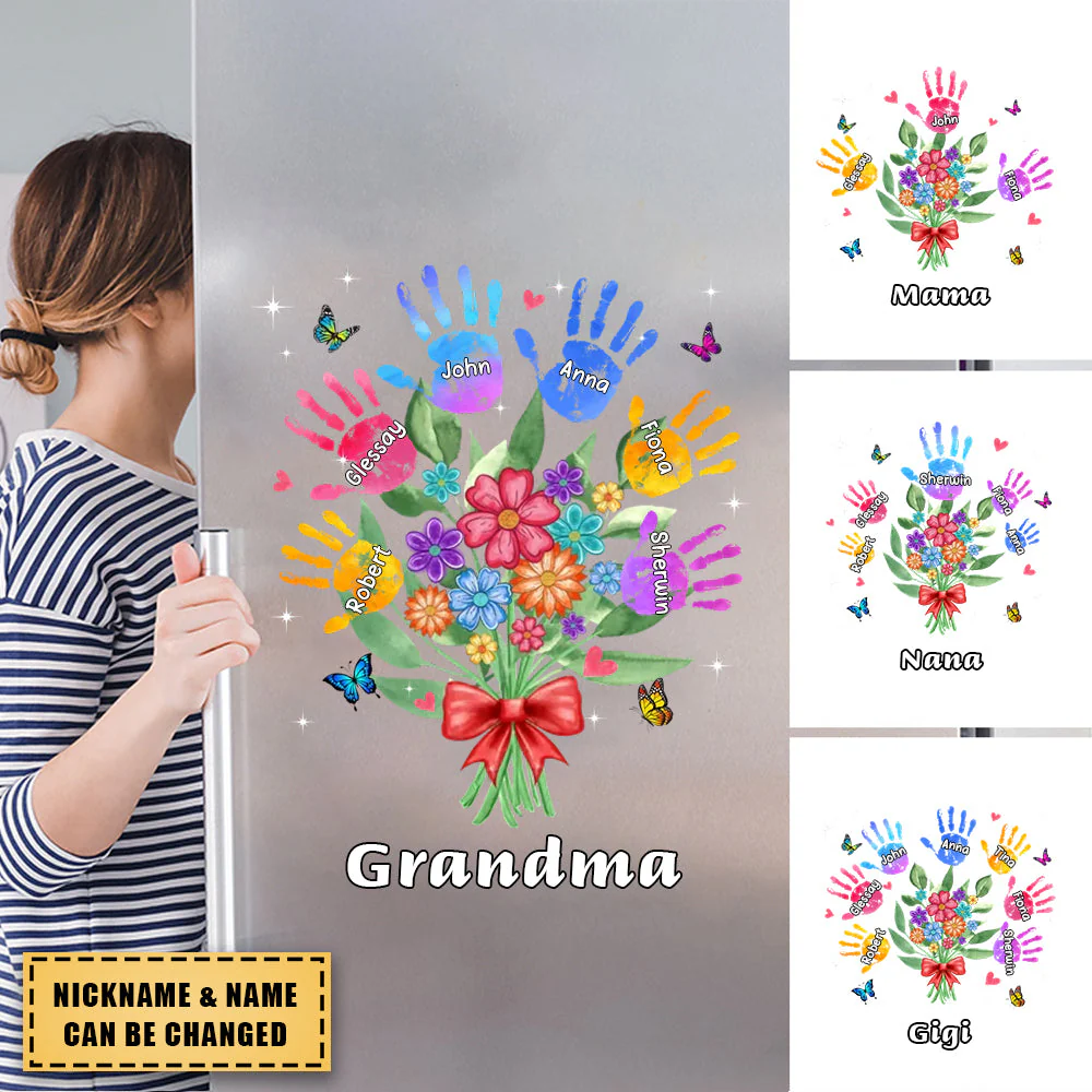 Grandma Mom Heart Handprints Flowers Personalized Sticker - Image 3