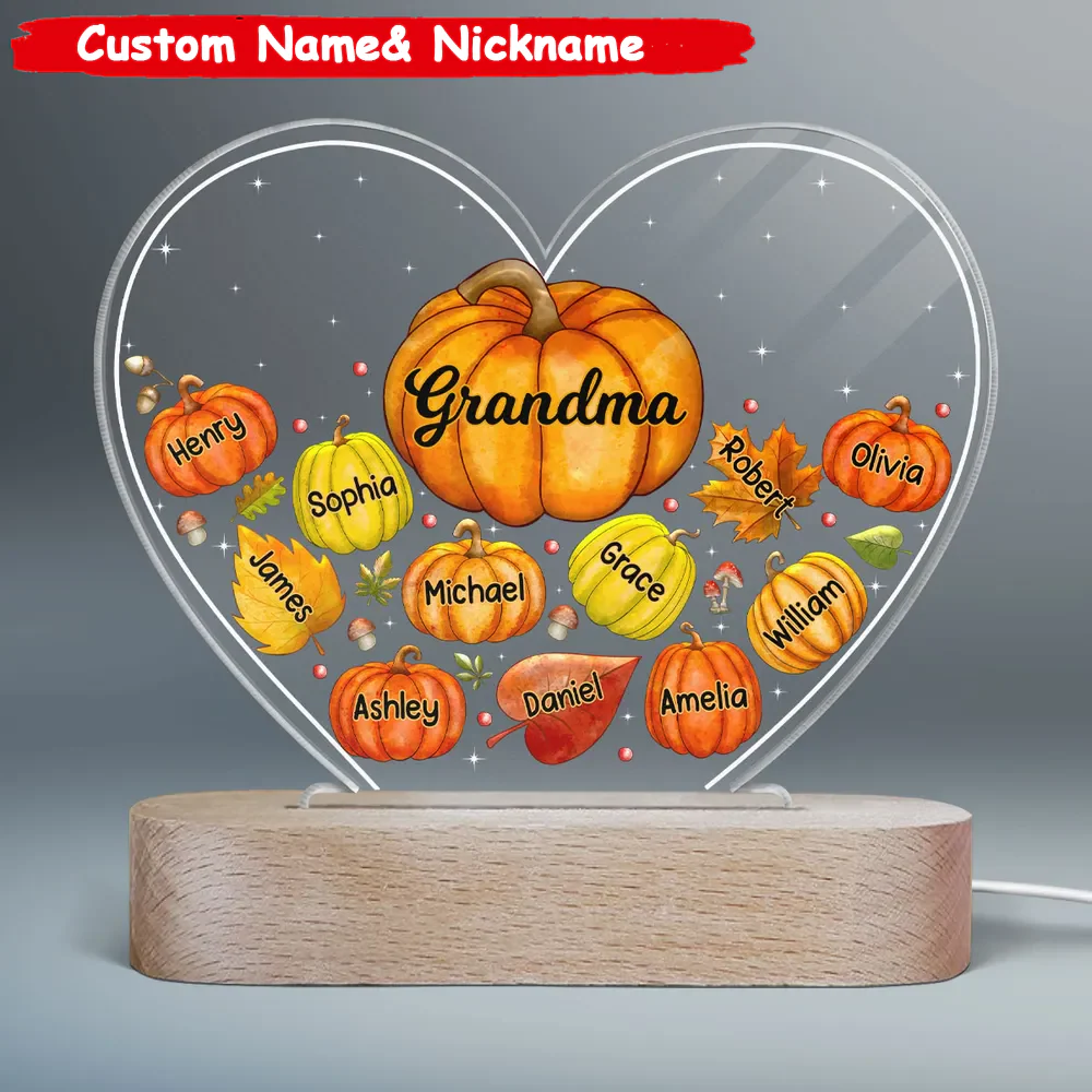 Grandma Mom Pumpkins Fall Leaves Personalized Heart Acrylic LED Night Light - Image 2